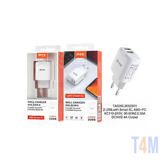 MTK FAST ADAPTER CHARGER TA0280 BL WITH SMART RECOGNITION CHIP 2USB PORTS 2.4A MAX WHITE